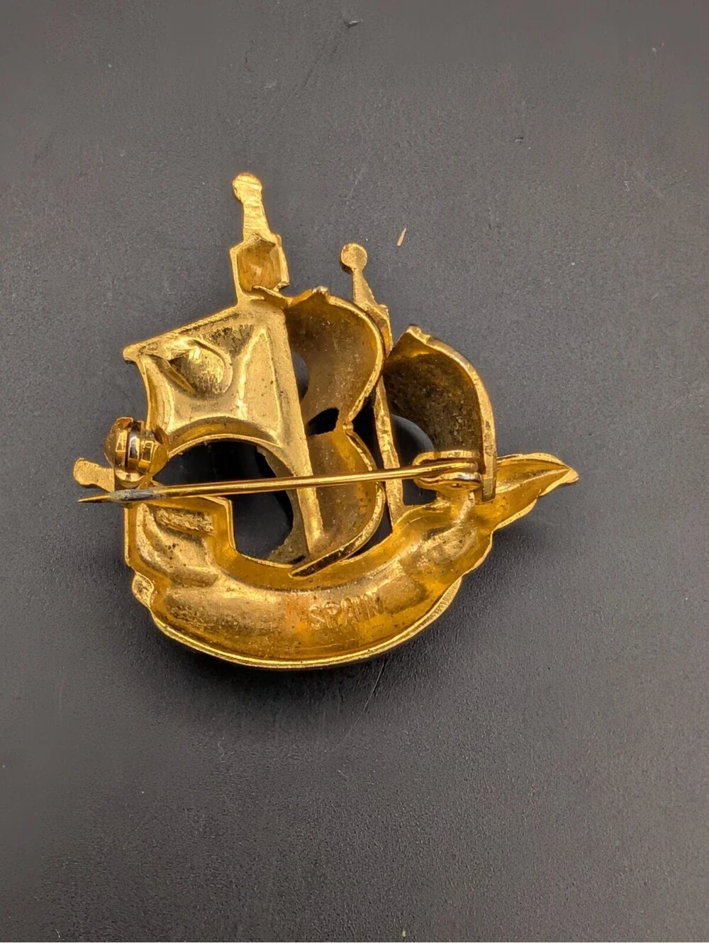 Vintage Toledo Damascene Galleon Ship Brooch Pin Spain Gold Silver Tone Black